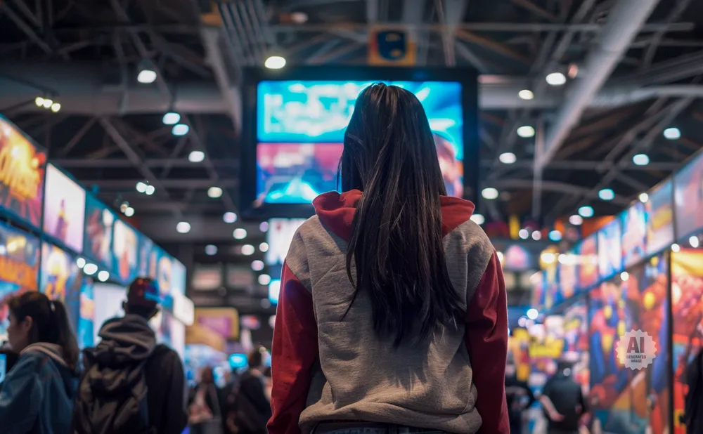 Woman in a red and gray hoodie looking at a large screen at a crowded event.