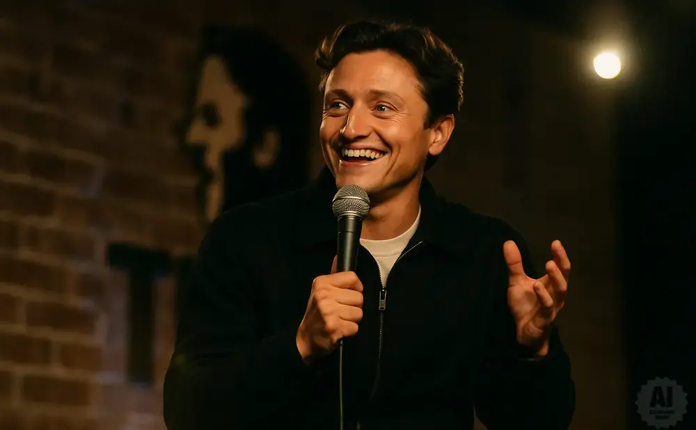 A man with dark wavy hair smiles broadly while holding a microphone, gesturing with his hands on a dimly lit stage.