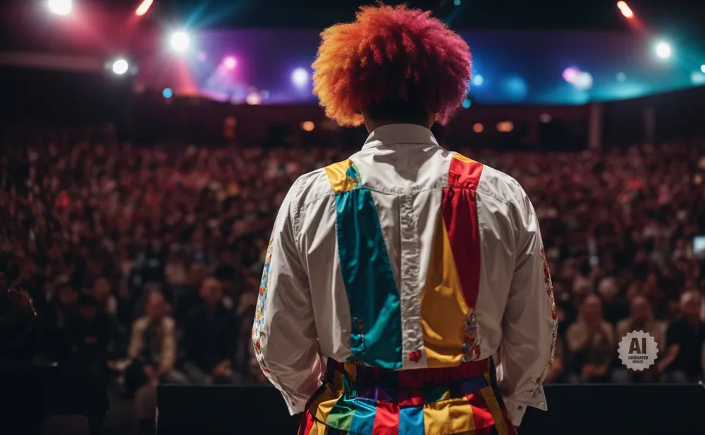 A clown with a colorful afro faces a large, dimly lit audience.