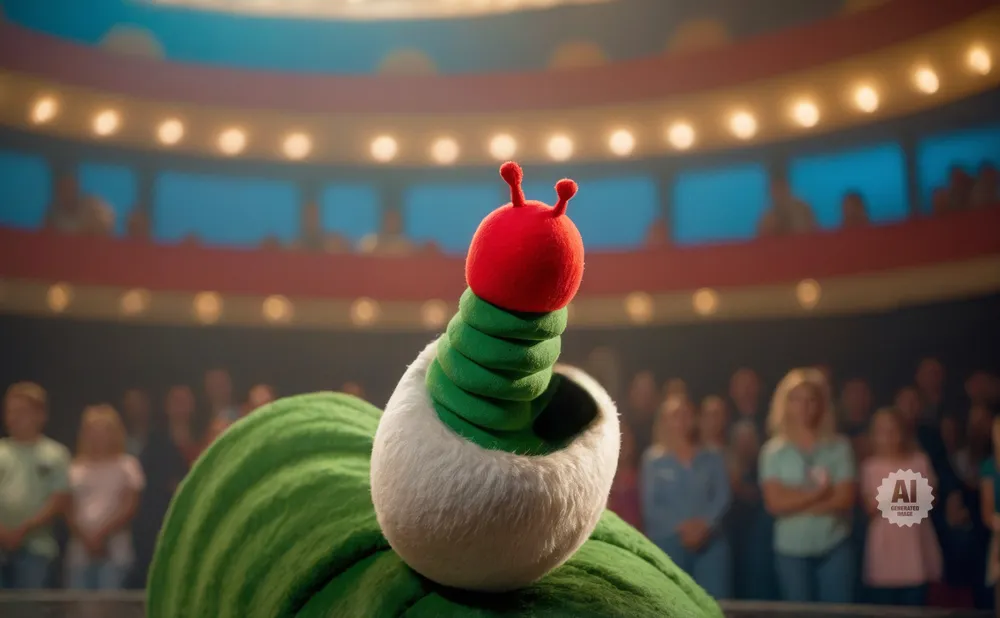 Close-up of a plush caterpillar toy with a red head and green segmented body in a theater.