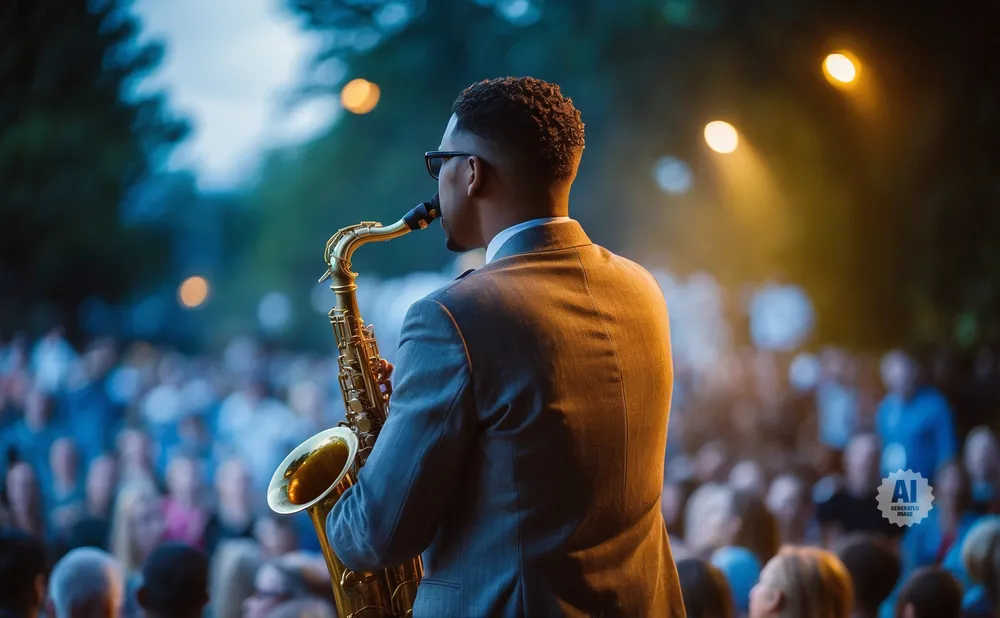 A man in a suit plays a saxophone for a blurry audience under stage lights.