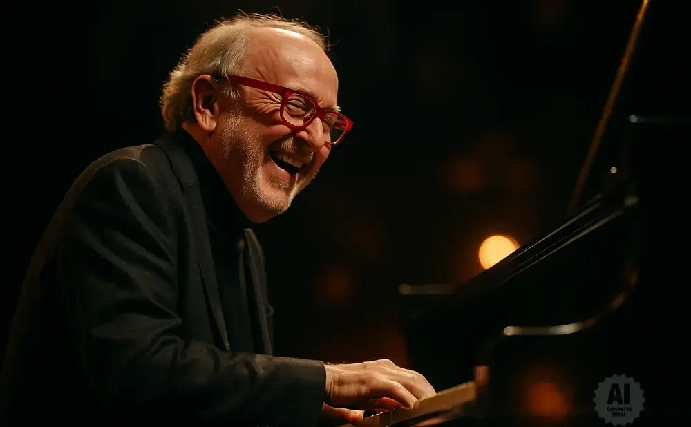 A laughing man with red glasses plays a piano in dim lighting.