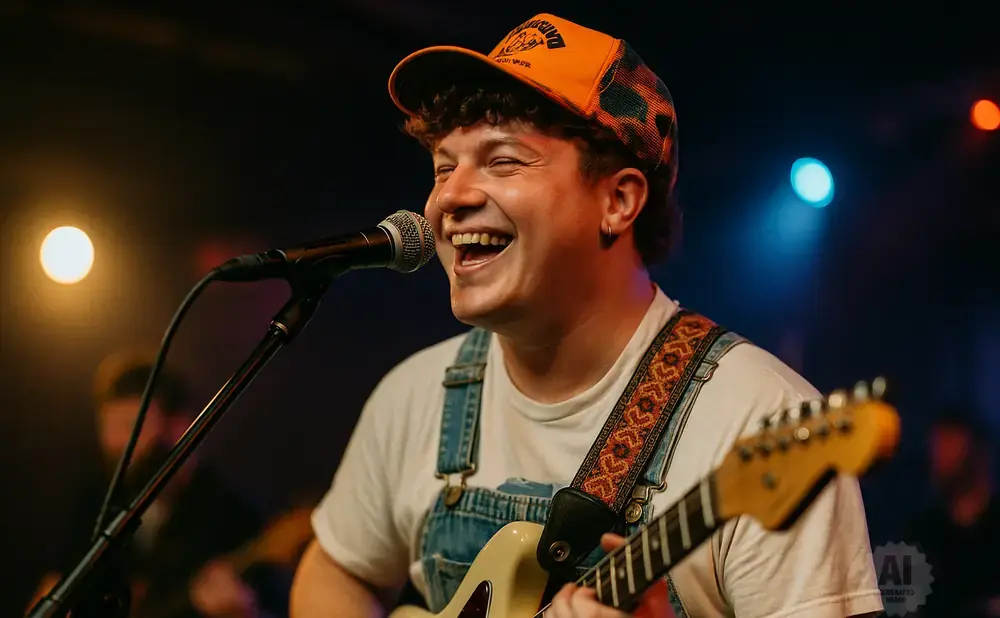 A laughing singer with curly hair wears denim overalls and an orange cap, holding a guitar and singing into a microphone.