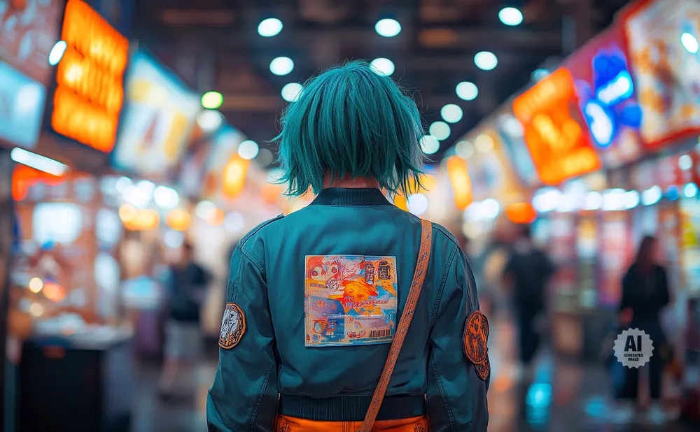 A person with teal hair stands in a busy, brightly lit marketplace, wearing a bomber jacket with colorful patches.