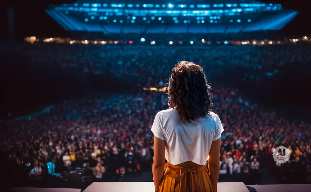 A woman in a white shirt and orange skirt stands on stage facing a large, dimly lit audience at a concert.