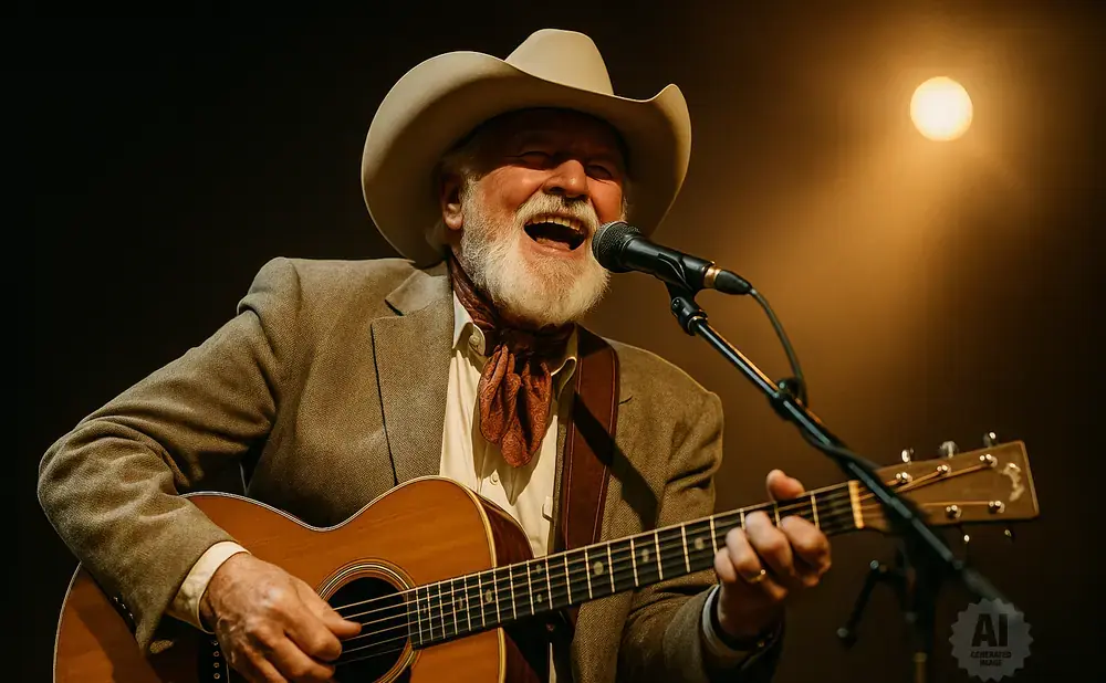 A smiling older man in a cowboy hat plays an acoustic guitar and sings into a microphone.