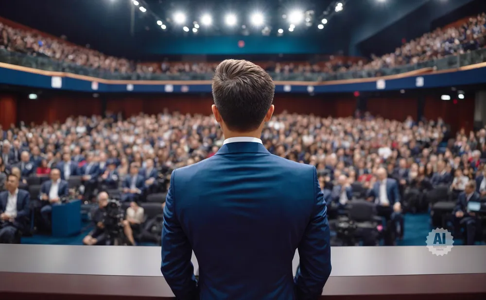 A man in a suit faces a large, attentive audience in a lecture hall.