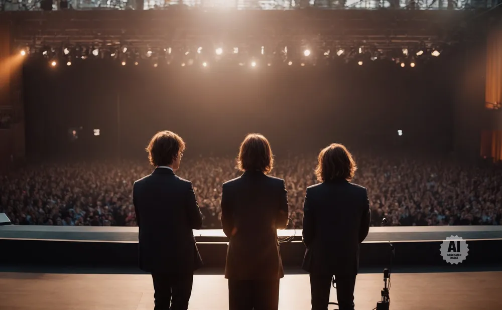 Three men in suits face a large, cheering audience from a stage, bathed in stage lights.