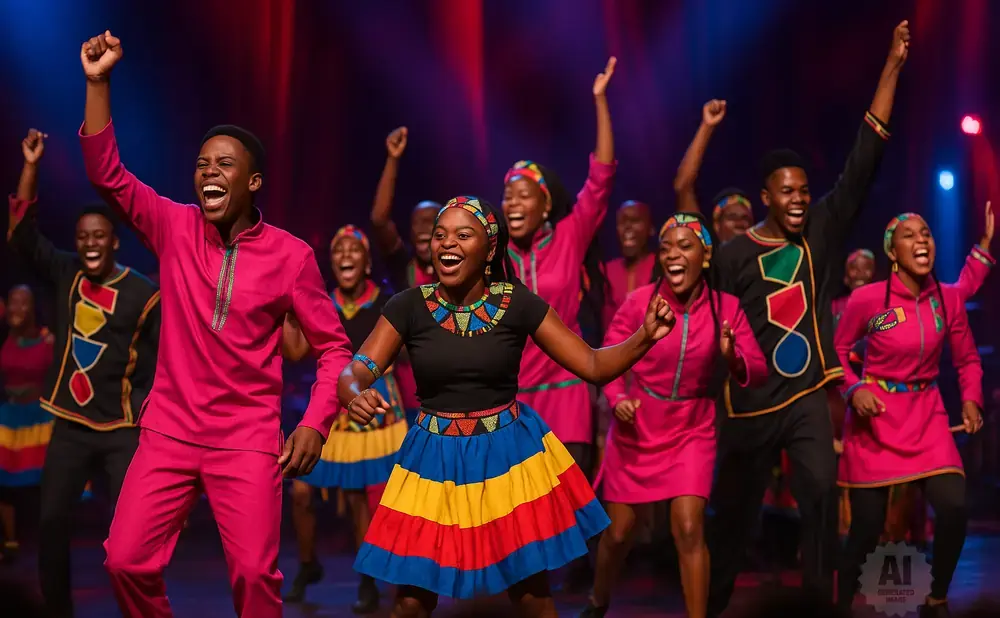 A group of young people in vibrant, colorful traditional African attire singing and dancing energetically on stage.