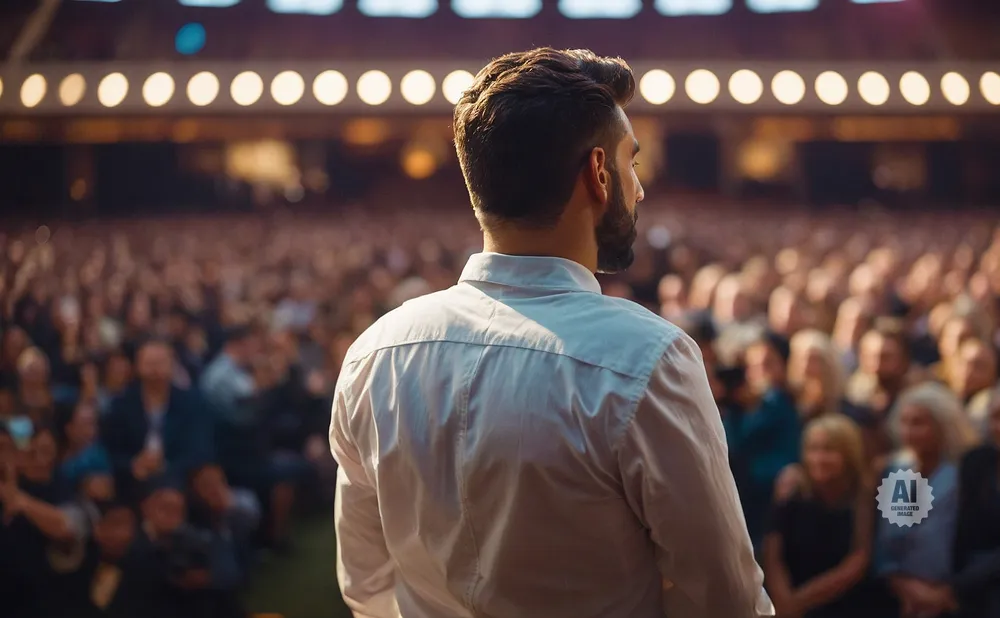 Man in a white shirt facing a large, blurred audience under bright lights.