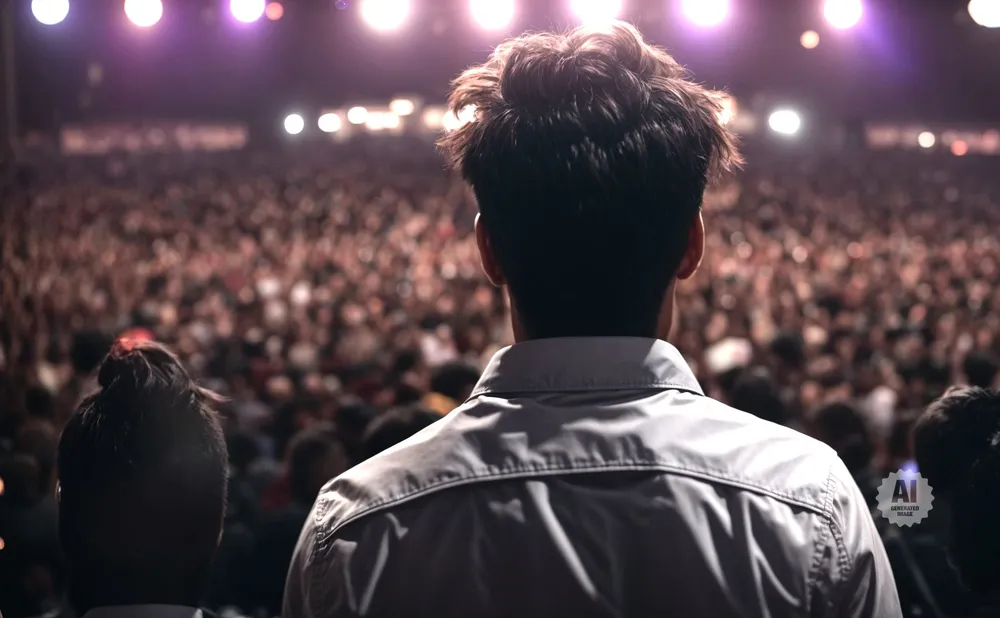 Man in white shirt facing a large, blurred crowd with purple stage lights above.