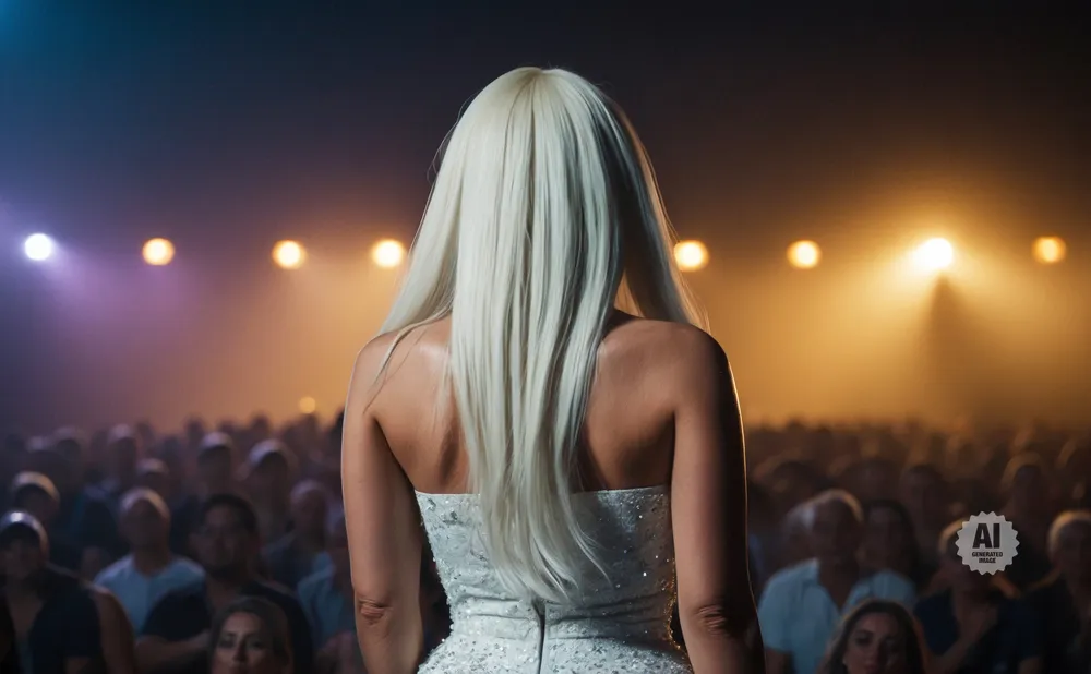 A woman with long blonde hair in a sparkly dress faces a crowd under stage lights.