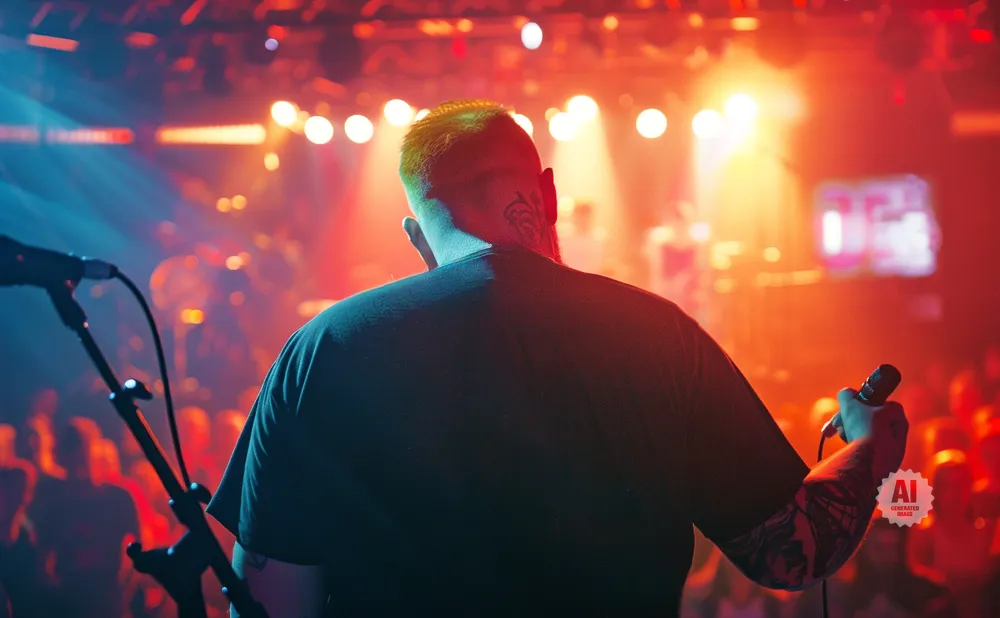 Back view of a tattooed man with a microphone on a stage with bright lights and a blurred crowd.