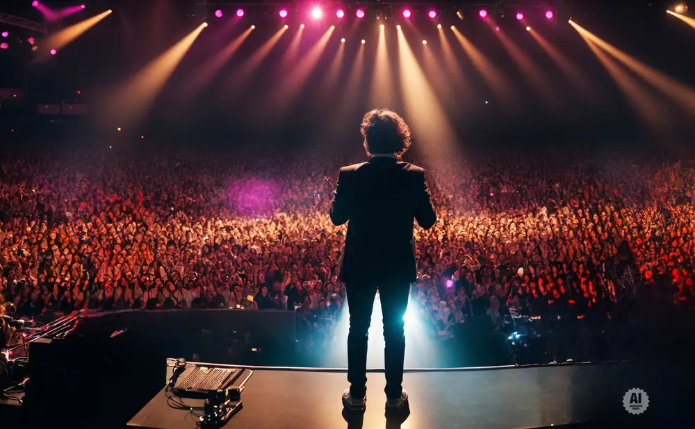 A performer in a suit stands on stage before a massive, cheering crowd under bright stage lights.