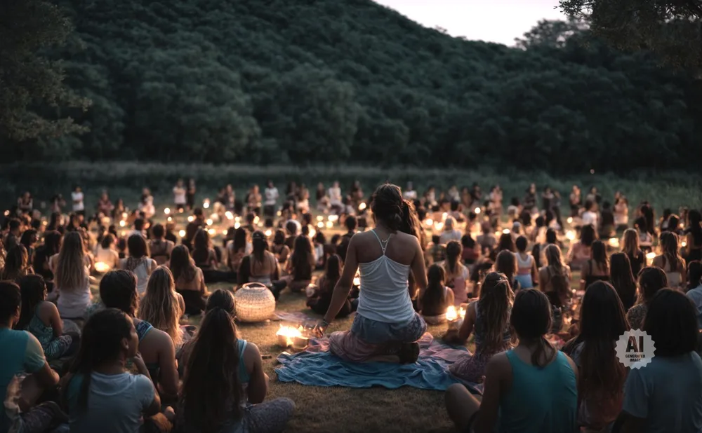 Group of people meditating with candles at dusk in front of a wooded hill.