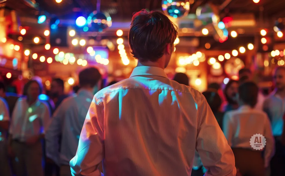 Man in a striped shirt stands with his back to the camera, in a crowded, dimly lit bar with disco balls and colorful lights.