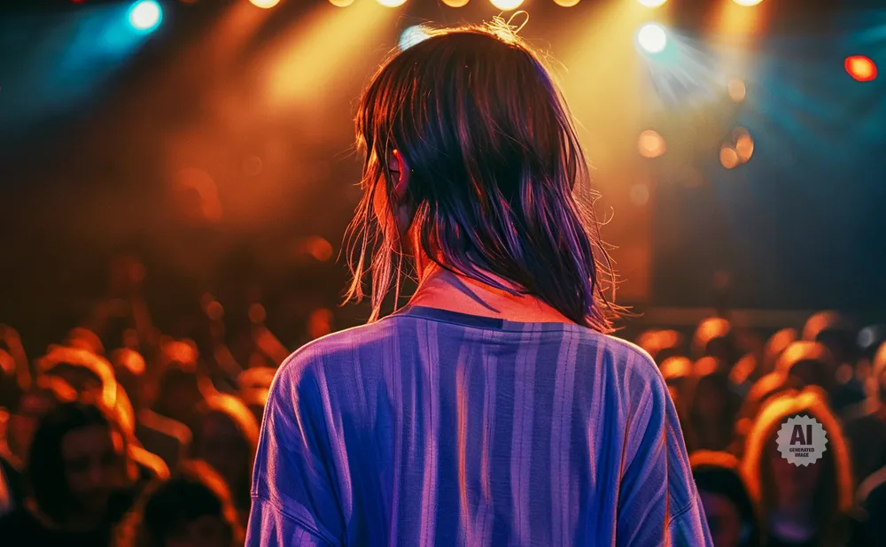 A person with dark hair stands facing a crowd at a concert with colorful lights.