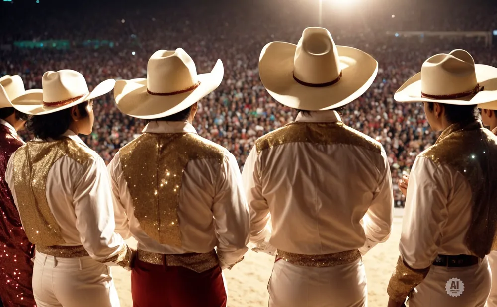 Men in sparkling charro outfits and cowboy hats on stage with a crowd in the background.