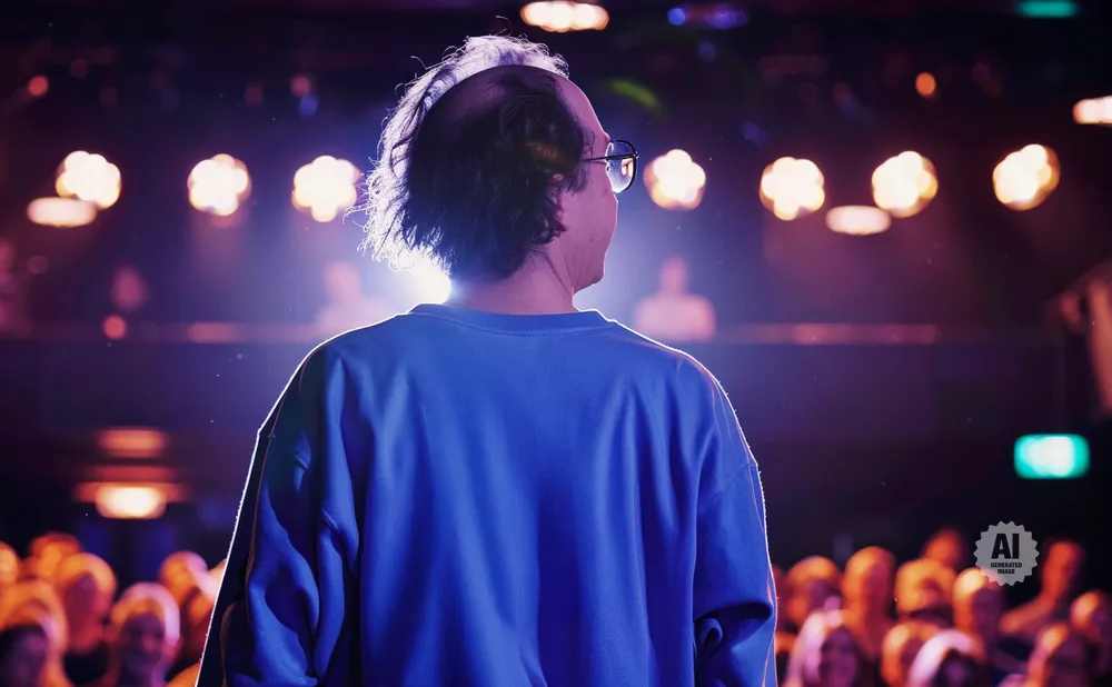 A person in a blue sweatshirt stands on a stage with a crowd watching.