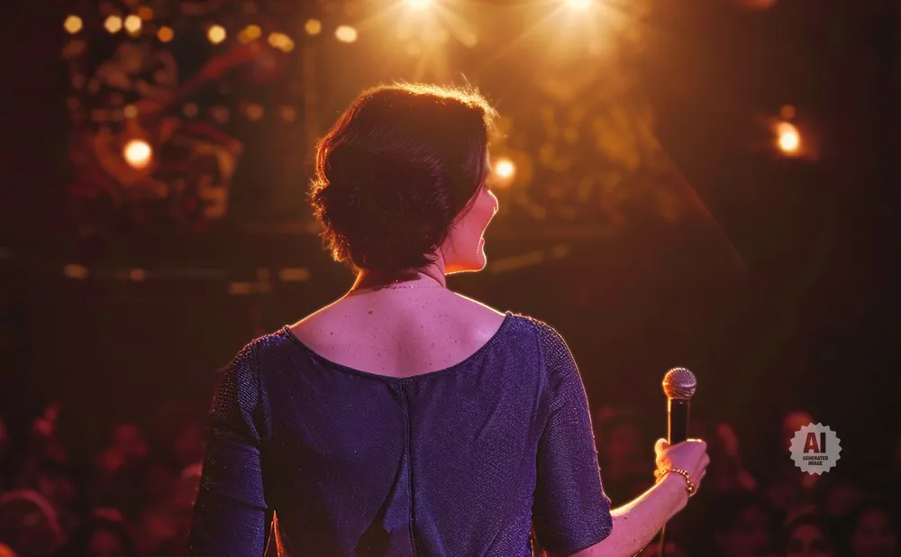 A woman on stage holds a microphone, facing an audience under warm spotlights.