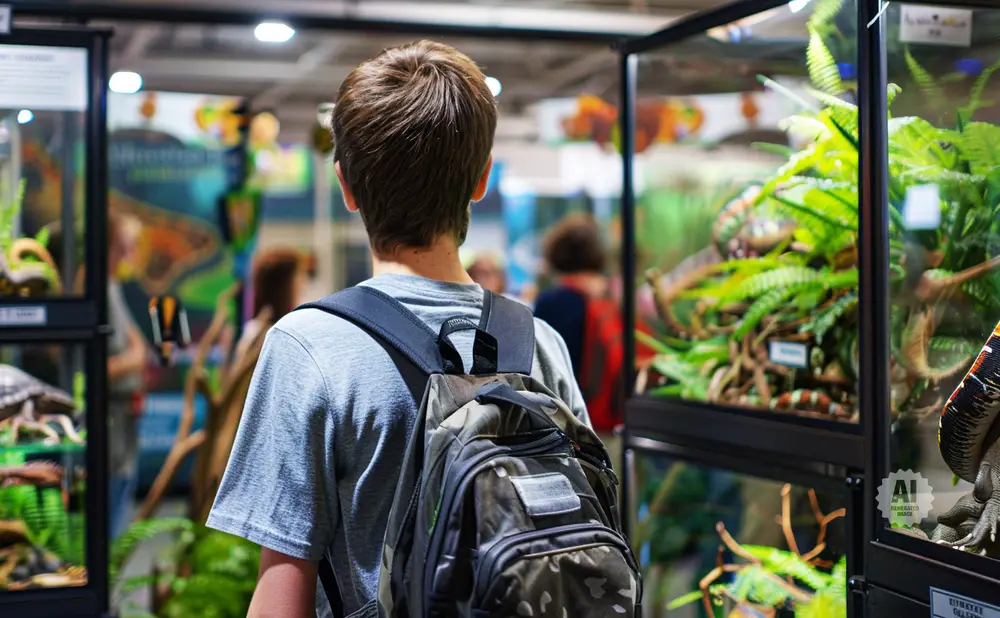 A young person with a backpack views reptiles in glass enclosures at an expo.