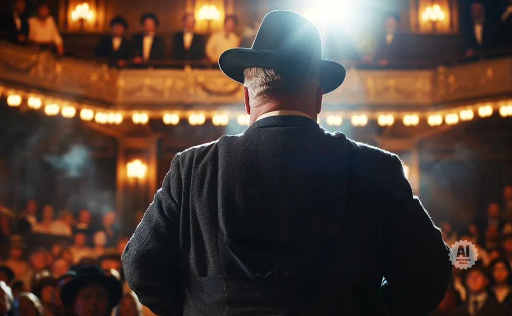 Man in a hat and suit stands on stage before a seated audience in a grand theater, illuminated by bright lights.