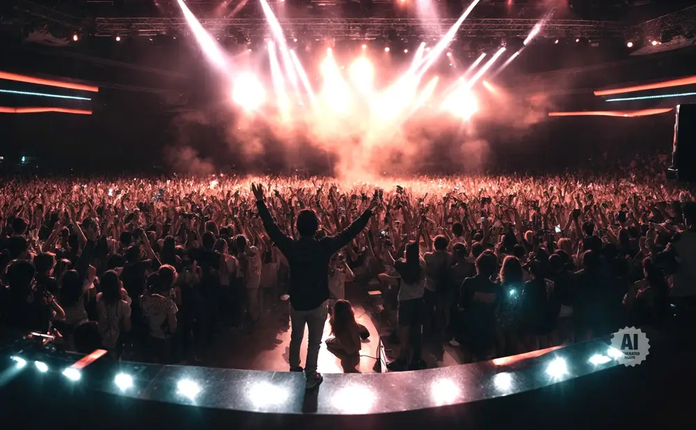A person on stage raises their arms to a cheering crowd at a concert.