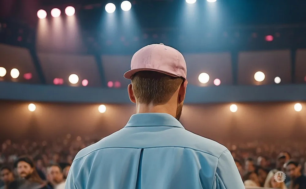 Man in a pink cap and blue shirt facing a crowd in a dimly lit auditorium.