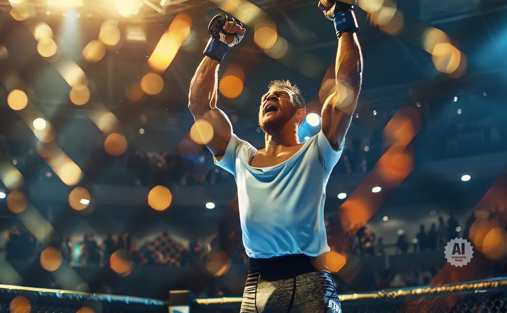 MMA fighter with arms raised in victory, bathed in arena lights with blurred audience in the background.