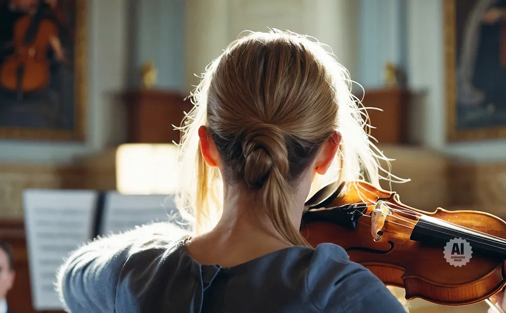 Back view of a woman playing a violin in a sunlit room.