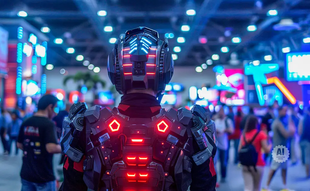 A person in a futuristic, glowing robotic suit stands in a crowded, neon-lit convention hall.