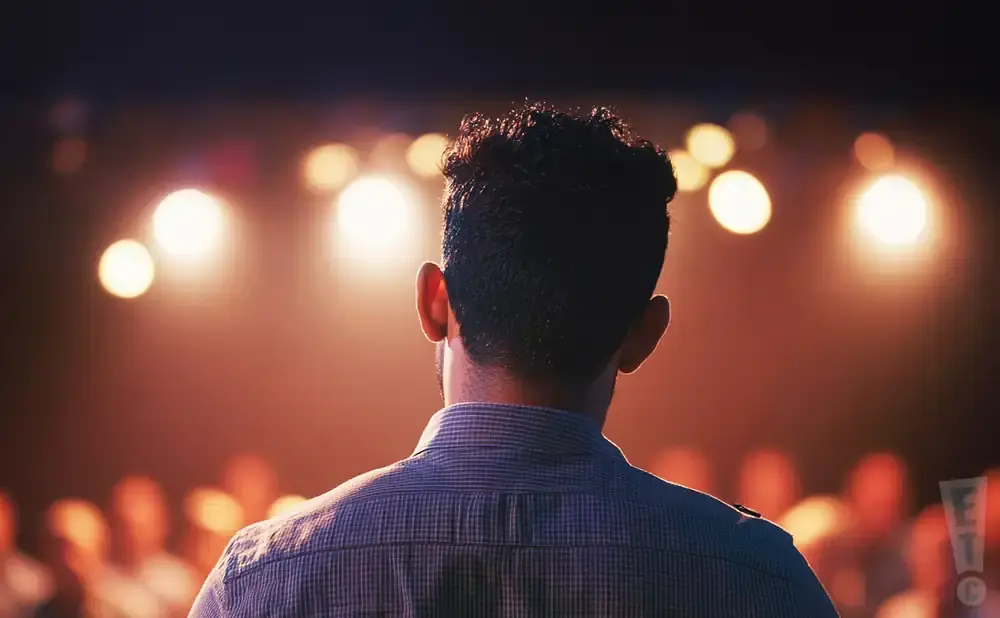 A man's back, facing a stage with bright lights and an audience.