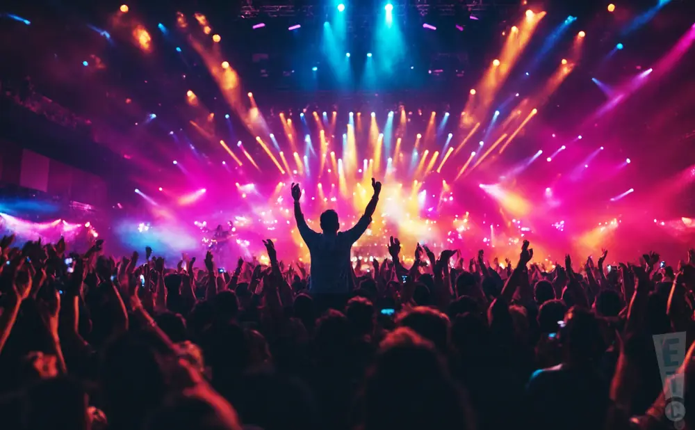Crowd with hands in the air at a concert, illuminated by vibrant pink and blue stage lights.