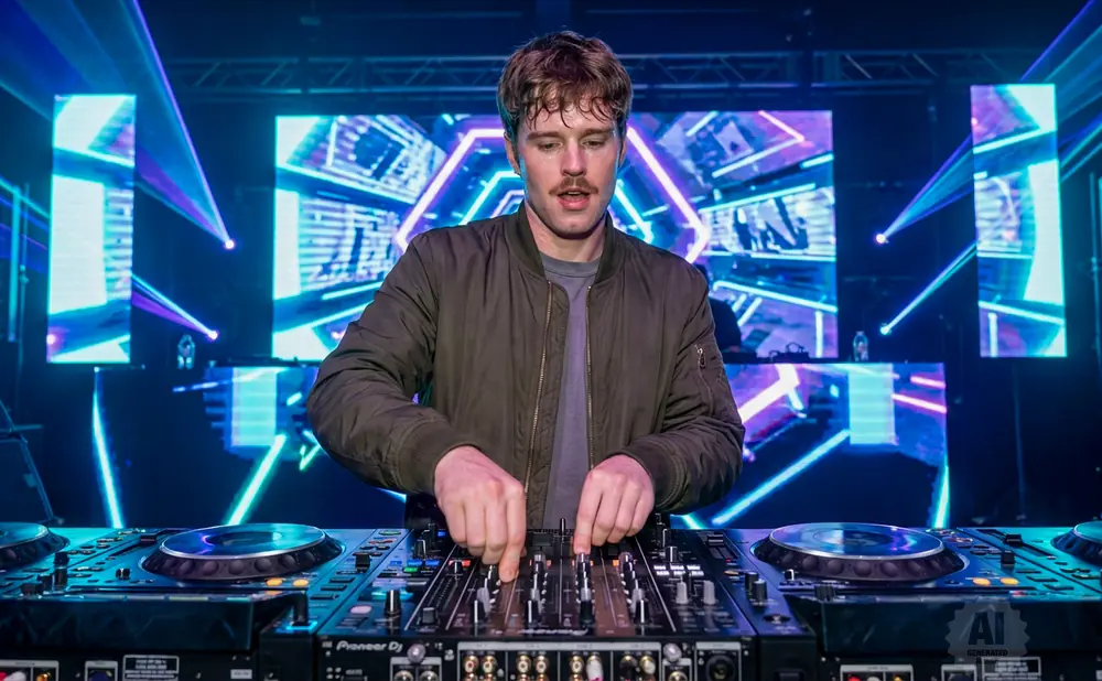 DJ playing music on a mixer with flashing lights and screens in the background.