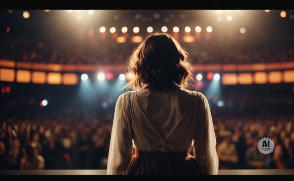 A woman stands facing a blurred audience on a stage, illuminated by bright stage lights.