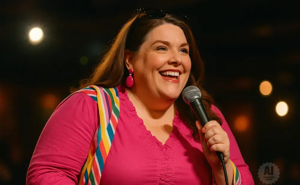 Comedian Mary Elizabeth Ellis smiles and holds a microphone on stage.