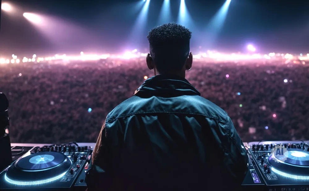 DJ performing for a large crowd, illuminated by stage lights.