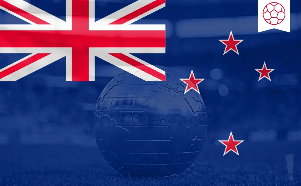 Globe on grass with New Zealand and Union Jack flags, and a soccer ball icon.