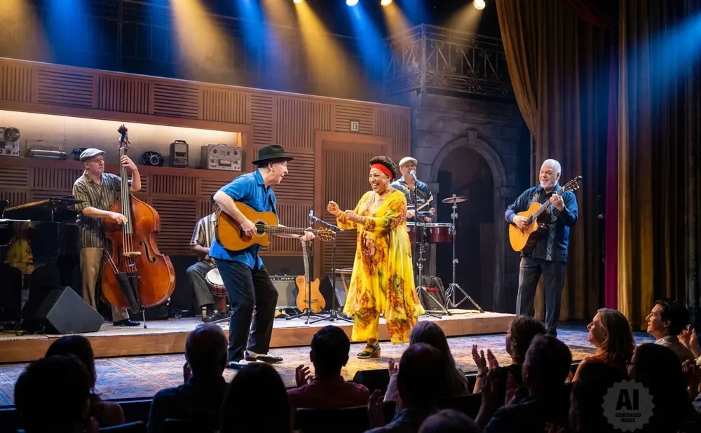 A woman in a bright yellow floral outfit sings and dances with a band on stage.
