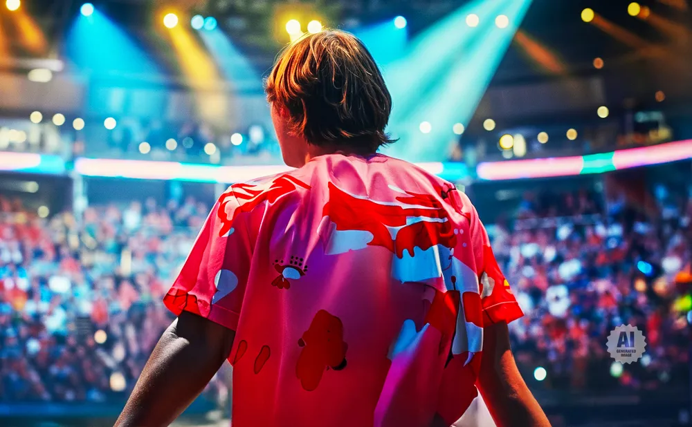 A person from behind wearing a pink shirt with a red and white abstract design, standing on a stage with bright spotlights and a blurred audience.