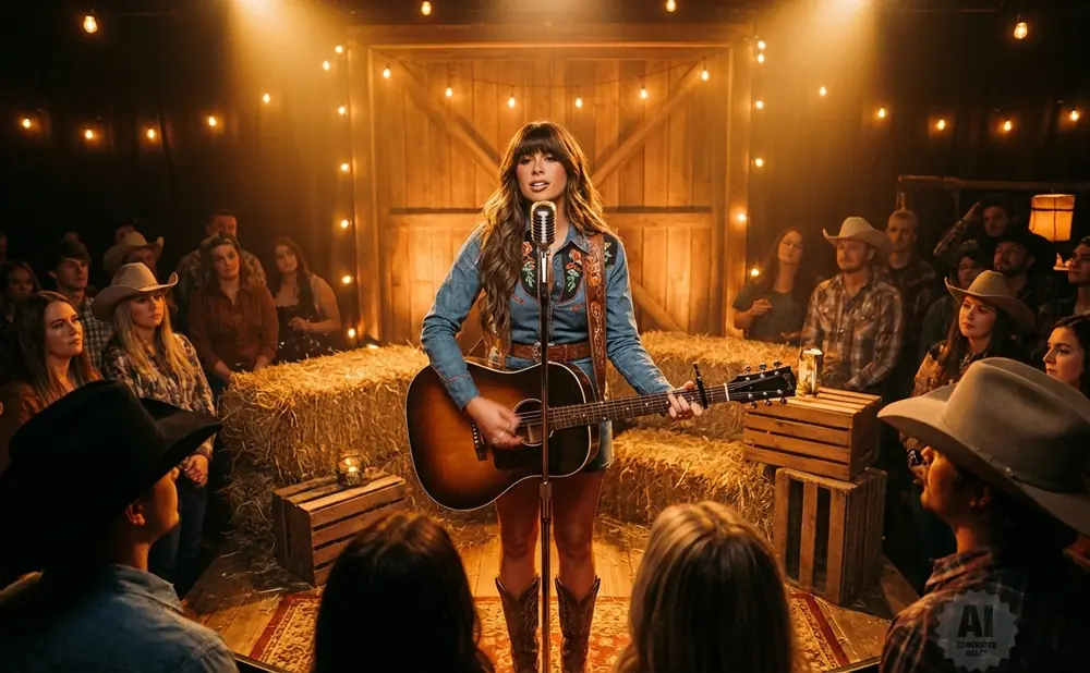 A woman in a black hat and fringed jacket plays an acoustic guitar on stage.