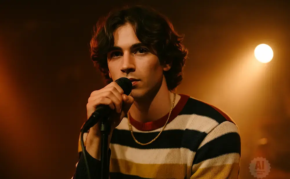 A young man with curly brown hair sings into a microphone while wearing a striped sweater and gold chain.