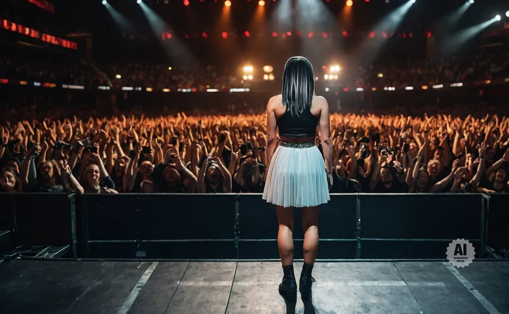 A female performer stands on stage facing a cheering crowd at a concert, hands raised in the air.