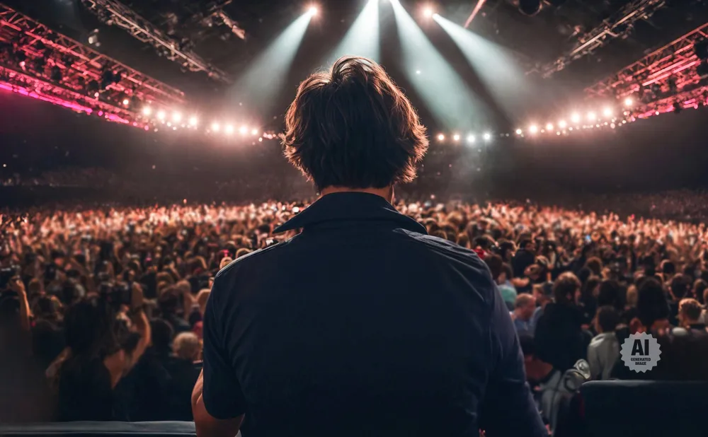 Man in dark shirt facing a large, energetic crowd at a concert with bright stage lights.