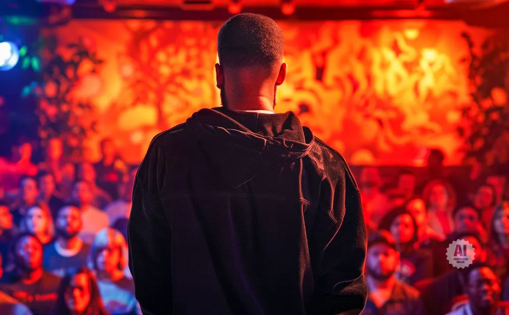 A person in a black hoodie stands with their back to the camera, facing a crowd under vibrant red and orange lights.