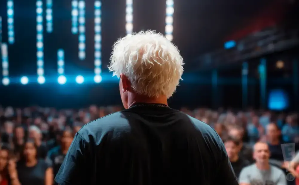 A person with white, curly hair stands with their back to the camera, facing a blurred audience and stage lights.