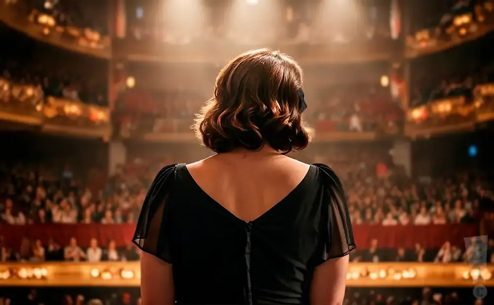 Back view of a woman in a black dress on a stage, facing a large audience in a theater.
