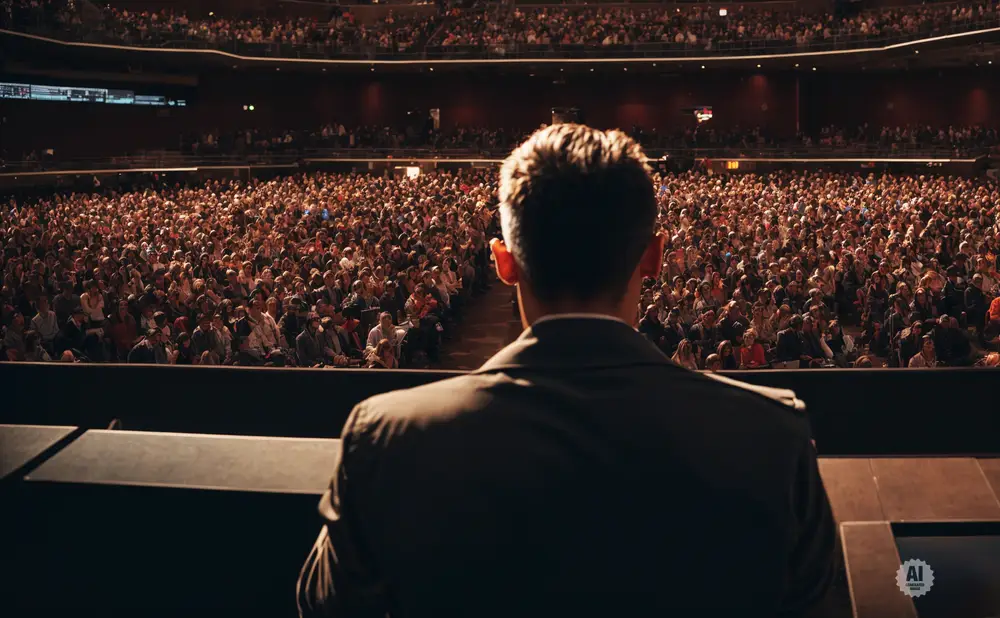 A speaker looks out at a large, dimly lit audience in a packed auditorium.
