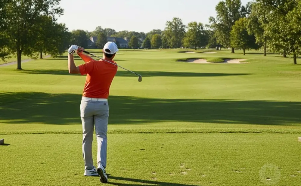 Golfer in orange shirt and gray pants swings at a tee box on a sunny golf course.
