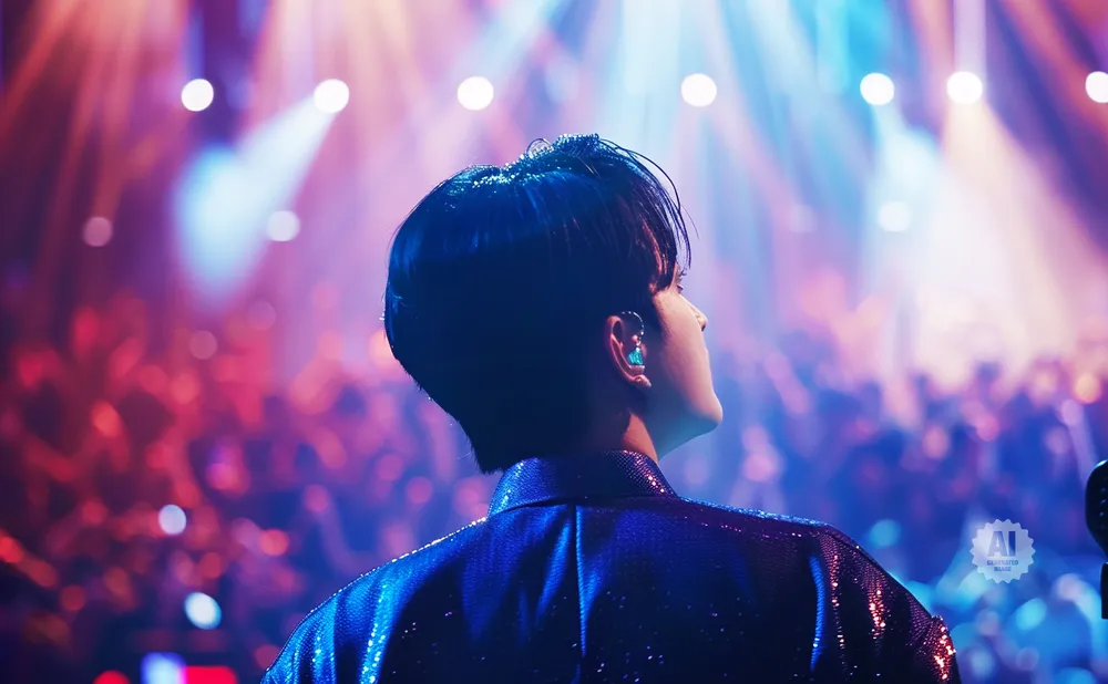 A person in a sparkly blue jacket, facing away, looks up at a concert stage with colorful lights.